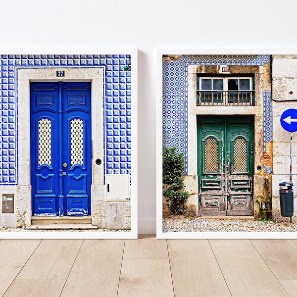 Set of 2 Portugal Door Photos, Two 5x7 Lisbon Door Prints, Blue and Green Travel Art, Portuguese Tile Art, Azulejo Print Set