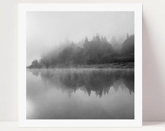 Lake Reflections Black & White Photo, PNW Forest and Fog Print, Film Photography