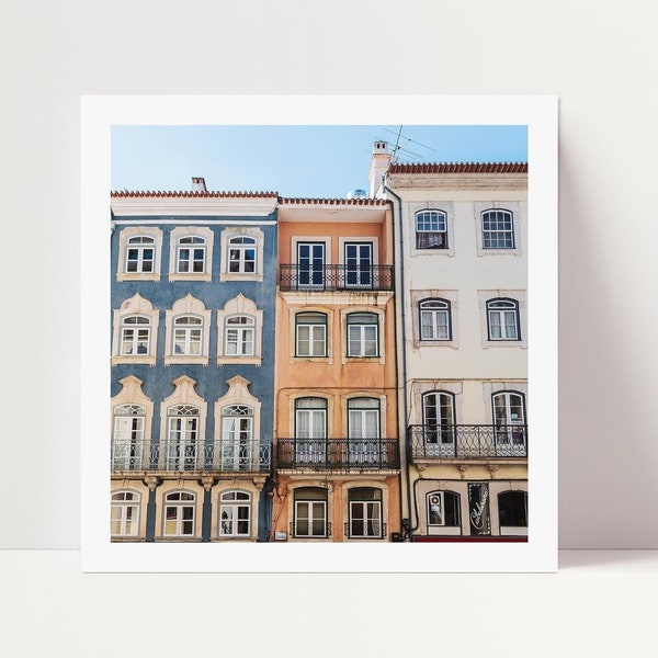 Colorful Portuguese Houses Photo, Pastel Buildings in Portugal Square Print