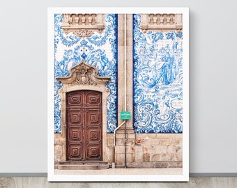 Portugal Door Framed Print, Portuguese Tile Wall Art, Porto Tiled Church Photo with Optional Frame, Blue Azulejo Decor