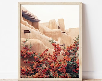 Santa Fe Pastel Print, Adobe Building Photo, Pyracantha Picture, New Mexico Wall Art, Southwest Wall Art