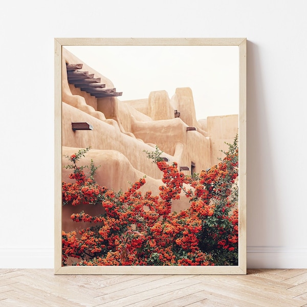 Santa Fe Pastel Print, Adobe Building Photo, Pyracantha Picture, New Mexico Wall Art, Southwest Wall Art