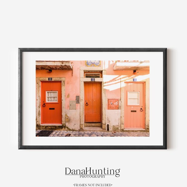 Portugal Door Print, Lisbon Door Photo, Alfama Photo, Ombre Orange Art, Coral Travel Print, Three Doors Print, Portuguese Gifts