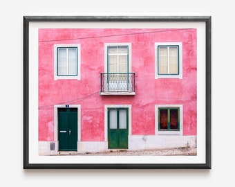 Pink and Green Portuguese House Photo, Lisbon Portugal Photography