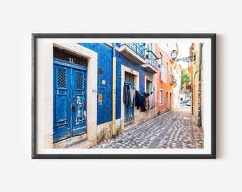 Portugal Blue Door Print, Portuguese Tile Decor, Colorful Lisbon Street Photo