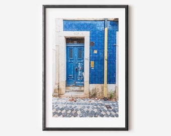 Lisbon Door Photo, Portugal Photography, Blue Door Print, Portuguese Tile Art