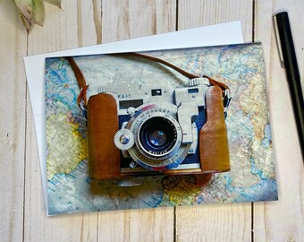 Vintage Camera Notecard, Bon Voyage Greeting Card, Handmade Stationery, Gift for Photographer