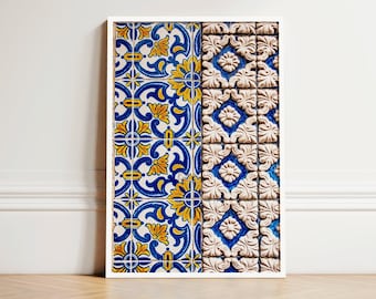 Portuguese Tile Wall Art, Yellow and Blue Azulejo Print, Portugal Photography, Mediterranean Decor