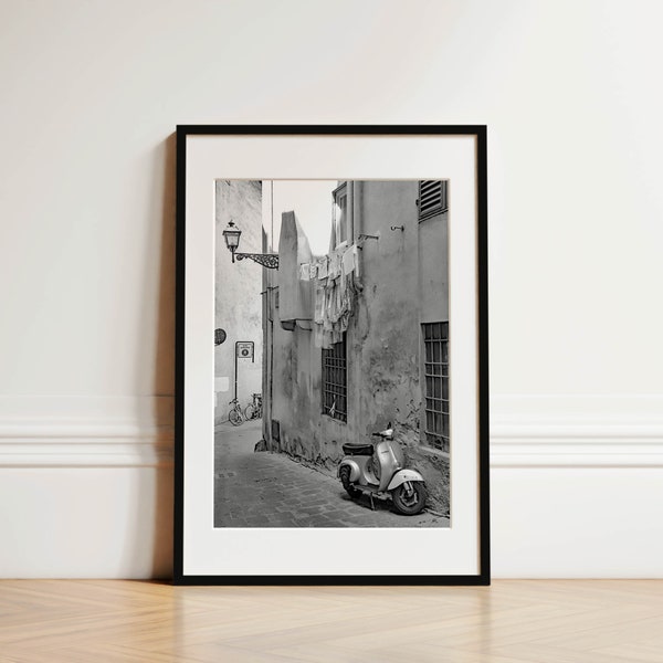Florence Vespa Scooter Photo, Black and White Italy Street Photography, Italian Moped Print, Laundry Line Photo, Italy Gifts