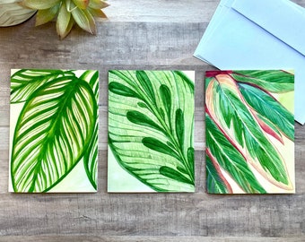 Botanical Watercolor Notecard Set, Tropical Leaves Blank Greeting Card Pack, Handmade Stationery