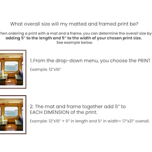May include: An informational graphic explaining matted and framed print sizing. It states that adding 5 inches to the length and width of a print determines the overall size, illustrated with two framed images of a train interior view.