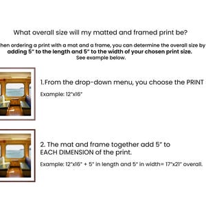May include: An informational graphic explaining how to calculate the overall size of a matted and framed print by adding 5 inches to the length and width of the print size, featuring two framed images of a train interior view.