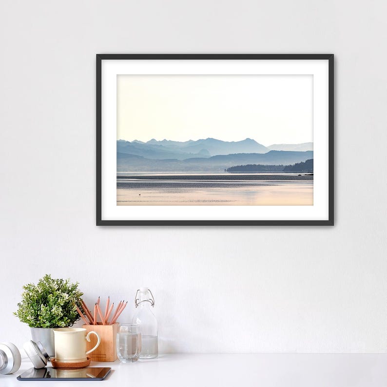 Minimalist Blue Mountain Photo, Pacific Northwest Landscape Print, Framed PNW Wall Art Framed with Mat