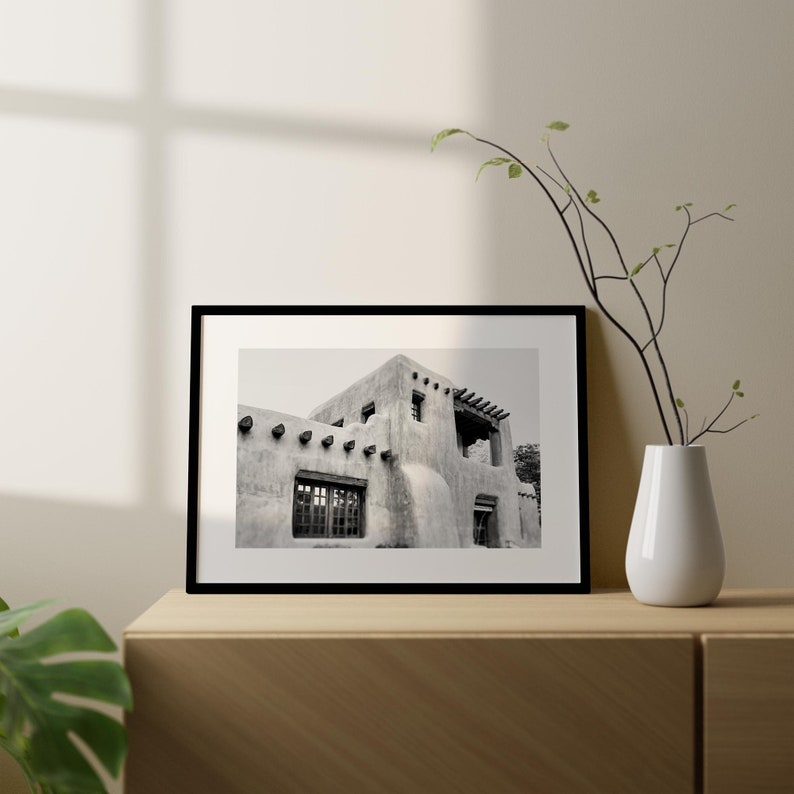 New Mexico Art, Santa Fe Black and White Photo, Adobe Building Print, Southwest Decor image 4