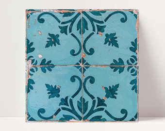 Portuguese Tile Art, Teal Green Azulejo Print, Lisbon Portugal Square Tile Photo, Portuguese Gifts, Portugal Wall Art