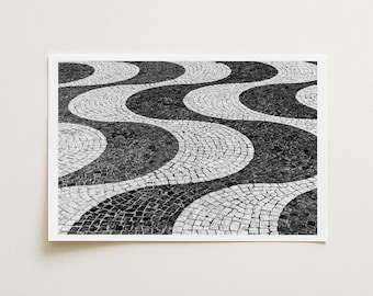 Lisbon Cobblestone Black and White Print: Portuguese Sidewalk Mosaic Art, Framed or Unframed