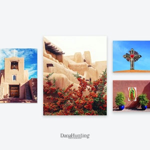 A set of 4 photos of Santa Fe, New Mexico in a variety of sizes. Photos feature adobe buildings, a mission church, a metal cross with heart center, and Our Lady of Guadalupe art.  Warm tones of beige, red, terra cotta with some blues mixed in.