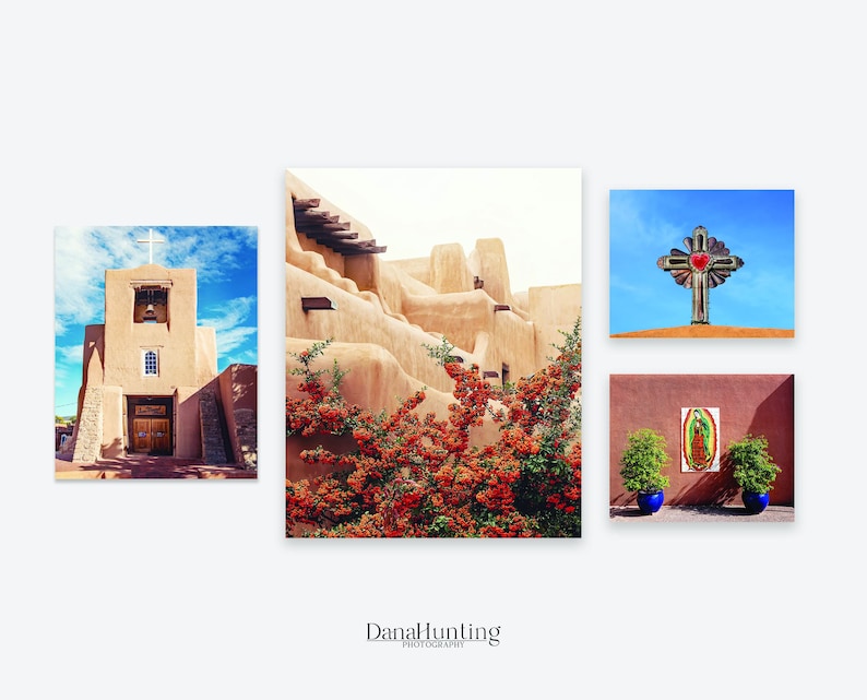 A set of 4 photos of Santa Fe, New Mexico in a variety of sizes. Photos feature adobe buildings, a mission church, a metal cross with heart center, and Our Lady of Guadalupe art.  Warm tones of beige, red, terra cotta with some blues mixed in.