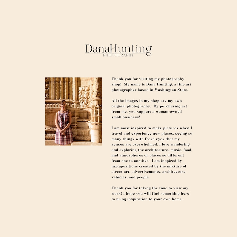 May include: The image features the text "Dana Hunting Photography" at the top. A woman stands in a checkered dress in front of an ornate stone structure. The text below describes the photographer's work and inspiration.