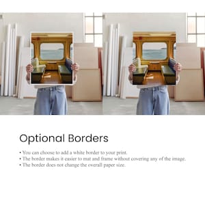May include: A rectangular art print featuring a photograph of a ferry interior with green bench seating facing a window overlooking the sea. The print is displayed with an optional white border on the left and without a border on the right.