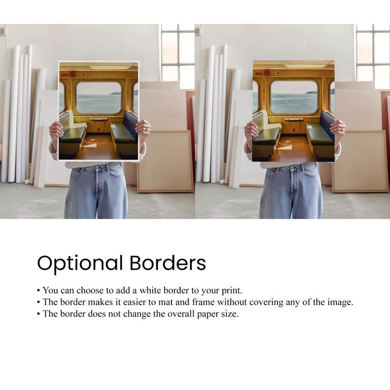 May include: A rectangular art print featuring a photograph of a ferry interior with green bench seating facing a window overlooking the sea. The print is displayed with an optional white border on the left and without a border on the right.
