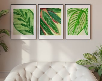 Watercolor Botanical Print Set, Set of 3 Tropical Plant Paintings, Tropical Leaf Gallery Wall, Garden Girl Gift