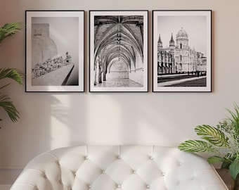 Black and White Belém Portugal Photo Gallery Wall, Set of 3 Portuguese Travel Prints, Jeronimos Monastery, Discovery Monument