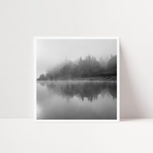 May include: A square black and white photograph featuring a dense forest line shrouded in thick fog. The trees are reflected clearly in the calm, still water below, creating a symmetrical composition with soft gray tones and high contrast.