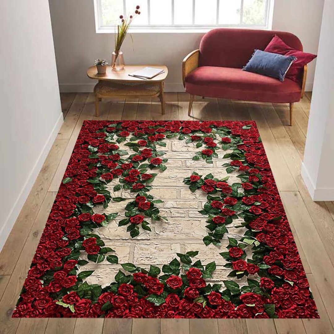Rose Rug, Rose Pattern Rug, Area Rug, Living Room Rug, Kitchen Rug ...