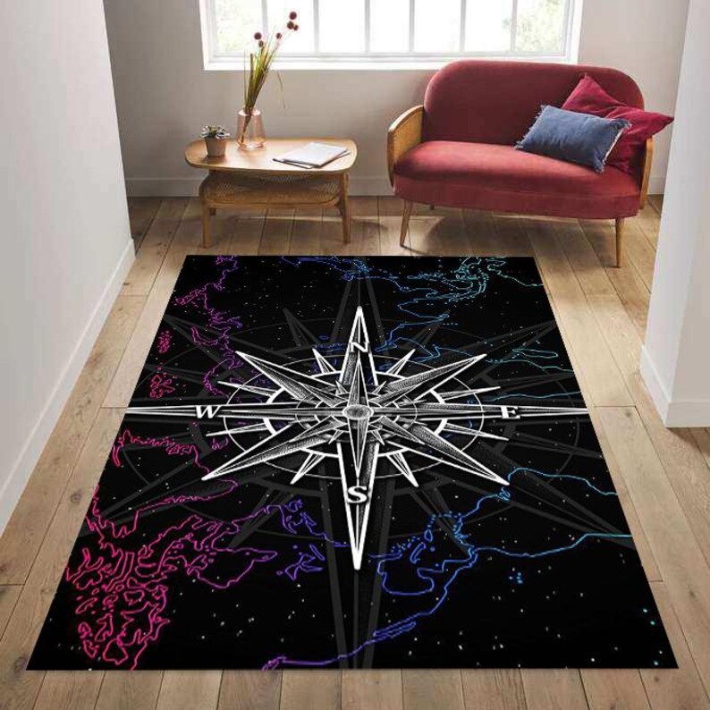 Blue Compass Rug Compass Pattern Rug, Compass Map Pattern Rug, Stylish Compass Rug ...