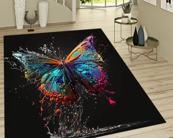 Butterfly Patterned Living Room Rug on Black Background ,Colorful Butterfly , Animal Rug ,Area Rug ,Living Room ,Classic Rug ,Office Rug,Rug