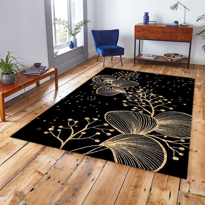 Black Rugs for Living Room , Black and Gold Floral Pattern Rug,machine