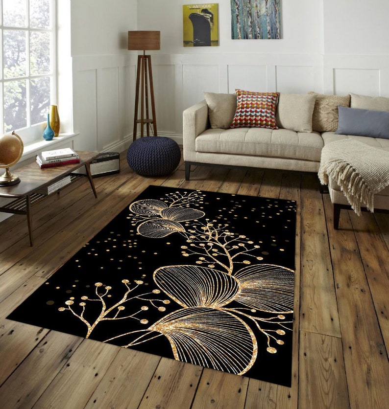 Black Rugs for Living Room , Black and Gold Floral Pattern Rug,machine