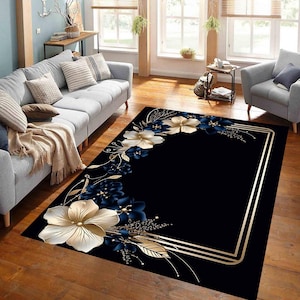 Abstract Rug, Flower Pattern on Black Groun, Black Rug, Salon Area Rug, Modern Rug, Living Room Rug, Office Rug, Kitchen Rug, Custom Rug,