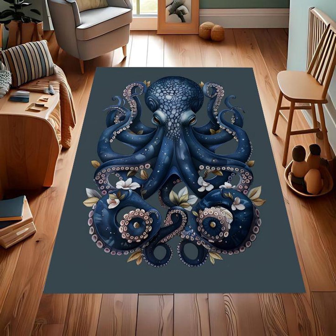 Octopus Channel Rug Metallic Octopus Rug, Sea Animal Print, Home Decor - Etsy