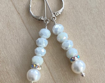 Stacked rondelle earrings ~ stacked earrings ~ dangle earrings ~ glass rondelle earrings ~ freshwater pearl ~ sterling silver earwires