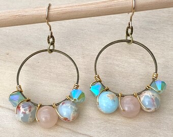 Dangle hoop earrings ~ wire wrapped ~ jasper ~ jade ~ Swarovski ~ sparkle