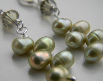 Green Pearl Earrings ~ Freshwater Pearl ~ Dancing Pearl ~ Teardrop Pearl ~ Swarovski Crystal ~ Wedding ~ Bridesmaid ~ Sterling ~ FREE SHIPNG