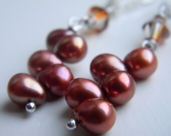 Copper Pearl Earrings ~ Freshwater Pearl ~ Dancing Pearl ~ Teardrp Pearl ~ Swarovski Crystal ~ Wedding ~ Bridesmaid ~ Sterling ~ FREE SHIPNG