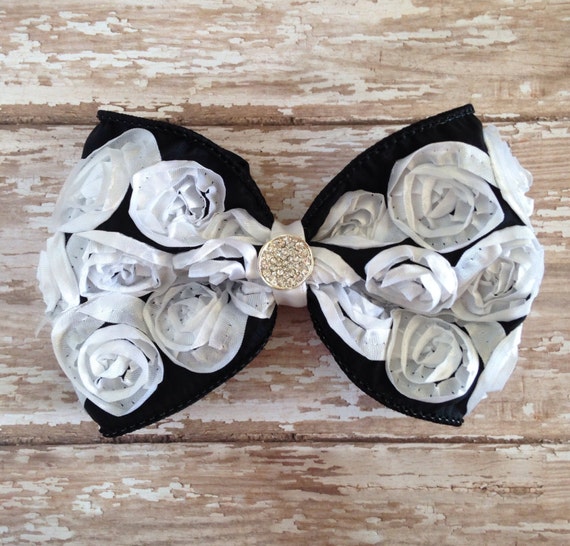 Big Hair Bow Wired Ribbon Hair Bow Black and White Rosette Etsy
