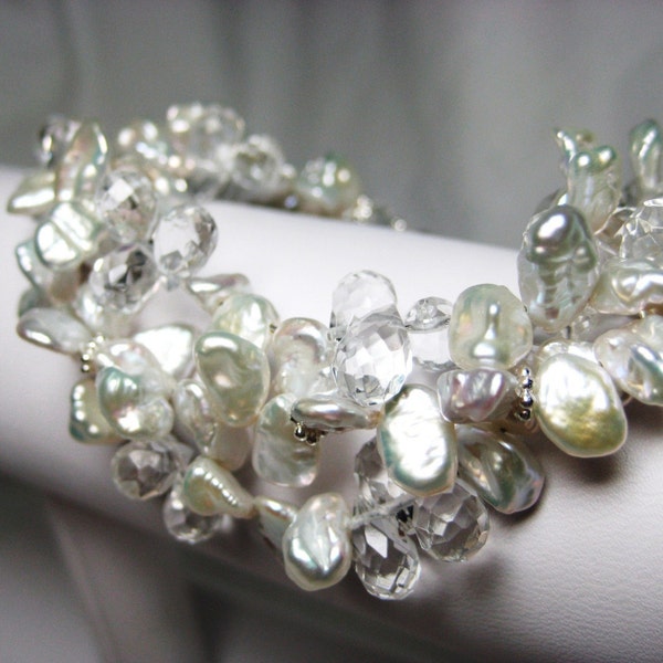 Alya Bracelet - White Keishi Pearls, 3 Strand, Clear, Bridal Free Shipping