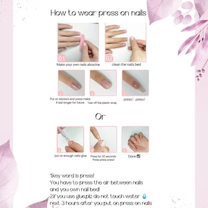 Puede incluir: C&oacute;mo llevar u&ntilde;as postizas con instrucciones para preparar las u&ntilde;as, aplicar pegamento y presionar las u&ntilde;as. La palabra clave es presionar. Debes presionar el aire entre las u&ntilde;as y tu propio lecho ungueal. Si usas pegamento, no toques el agua durante 3 horas despu&eacute;s de ponerte las u&ntilde;as postizas.