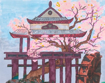 Temple japonais sur le lac, art des marqueurs copic