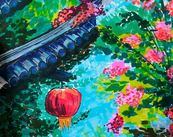 Red lantern hanging at the pagoda roof, copic markers art