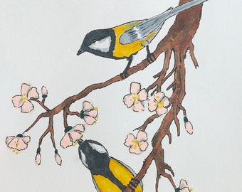 Tit birds on a spring cherry blossom tree, copic markers art