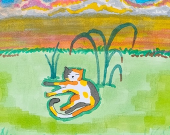 Chat Calico au soleil couchant, marqueurs copic art minimaliste