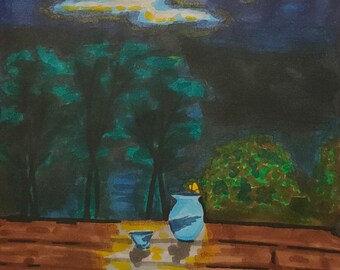 Manatsu no Yoru no Yume (A Midsummer Night's Dream), night in a japanese house, watching moon with sake cup, copic markers art