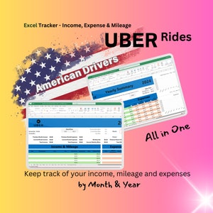 Può includere: Un modello di foglio di calcolo Excel progettato per gli autisti Uber per tenere traccia dei loro guadagni, spese e chilometraggio. Il modello include sezioni per riepiloghi mensili e annuali. L'immagine presenta una bandiera americana e il testo "UBER Rides" e "American Drivers".