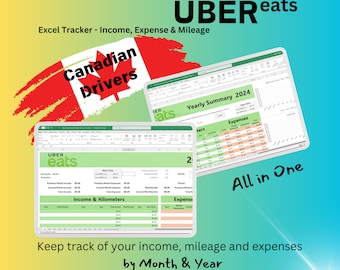UBER EATS | All-in-one Excel Spreadsheet | Monthly Income | Expense and Kilometer Tracker - Canadian Delivery Drivers | Yearly Summary