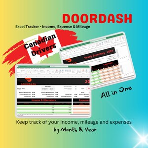 Op de afbeelding: Een computerscherm waarop een Excel-spreadsheet wordt weergegeven met de titel "DOORDASH Excel Tracker - Income, Expense & Mileage". De spreadsheet is ontworpen om inkomsten, uitgaven en kilometers voor DoorDash-chauffeurs bij te houden. De spreadsheet heeft een Canadese vlag op de achtergrond en de tekst "Canadian Drivers" op het scherm. De tekst "All in One" wordt op het scherm weergegeven. De tekst "Keep track of your income, mileage and expenses by Month & Year" wordt onder het scherm weergegeven.